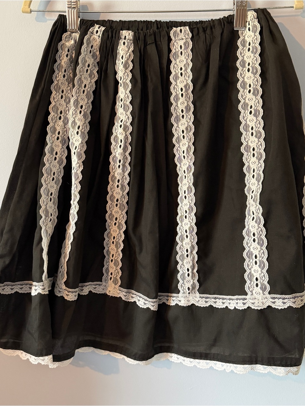 Gothic Lolita Black A-Line Skirt with White Lace Trim